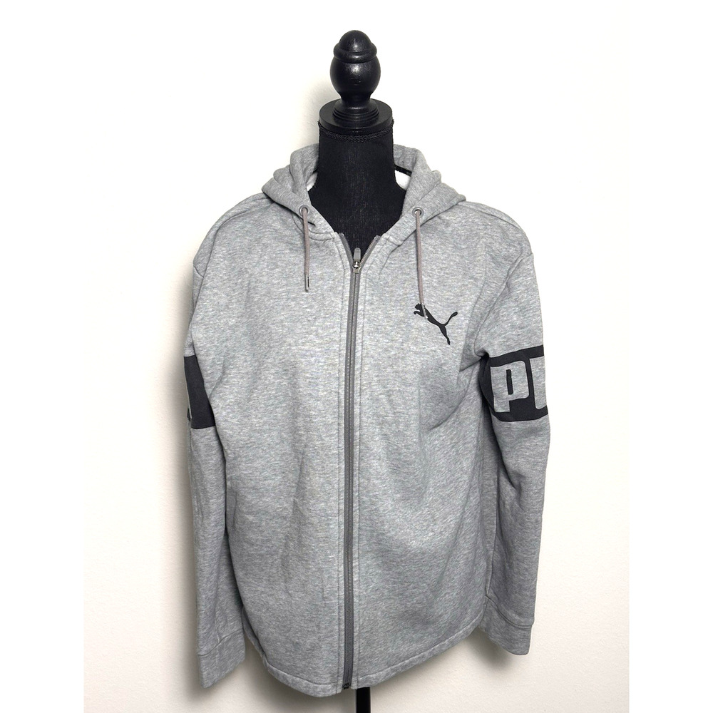 Puma‎ Gray Signature Zip Front Hoodie Hooded Jacket Sweatshirt Men's M
